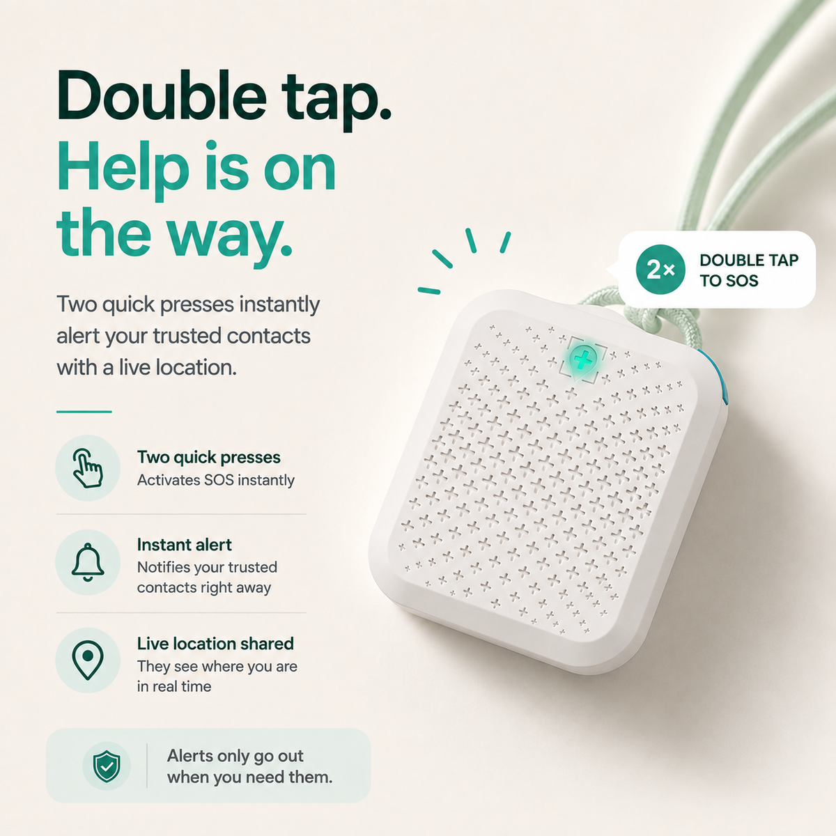 A safe-kids device explaining double-tap SOS functionality.