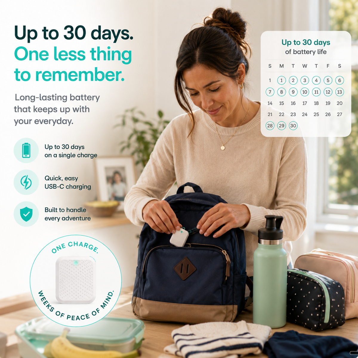 A woman packs a navy and beige backpack with a small white rectangular battery device in the front pocket. The scene is brightly lit in a home setting with other travel items nearby, and marketing text highlights the battery's long-lasting power and quick USB-C charging.