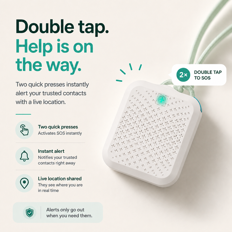 A safe-kids device explaining double-tap SOS functionality.